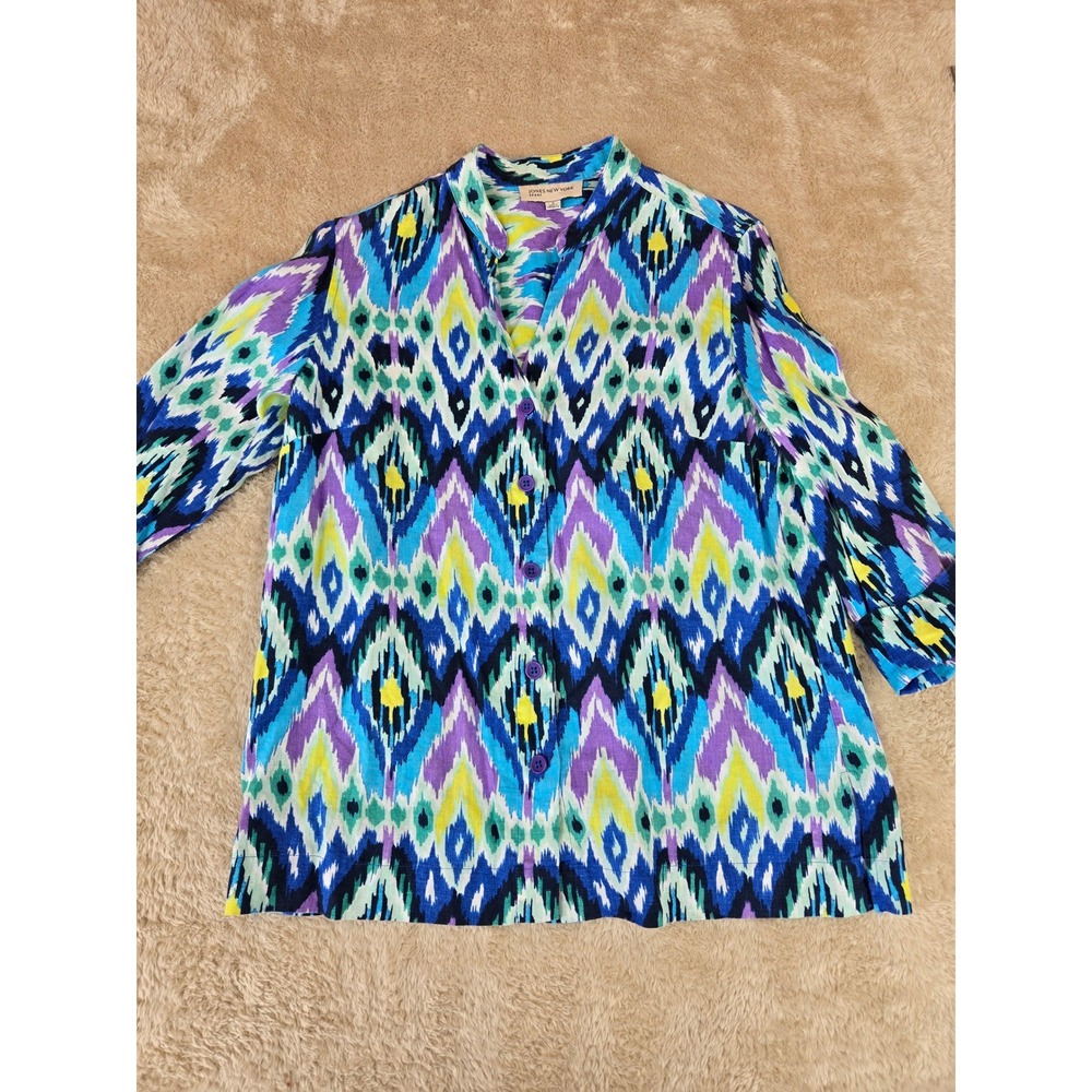 Jones New‎ York Sport Womens Small 100% Linen Ikat Button Front 3/4 Sleeve Shirt